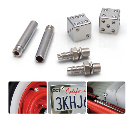 Chrome Dice 2 Valve Cap, Door Plunger, Plate Bolt Combo Kit Chrome Dice 2 Valve Cap, Door Plunger, Plate Bolt Combo Kit