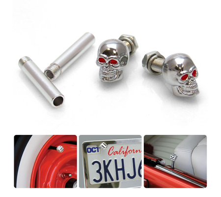 Chrome Skull with Red Eyes 2 Valve Cap, Door Plunger, Plate Bolt Combo Kit