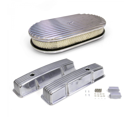 Pair of Short Finned SBC Chevy Valve Covers and 15 Inch Full Finned Air Cleaner