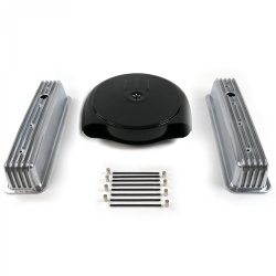 SBC Blk Caddy AC/Tall Center bolt Finned Engine Dress Up kit~Holes No Breathers