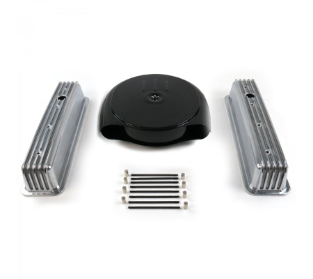 SBC Blk Caddy AC/Tall Center bolt Finned Engine Dress Up kit~Holes No Breathers