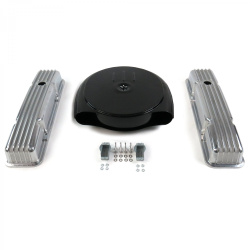 SBC Blk Caddy AC/Short Finned Engine Dress Up kit~Holes No Breathers