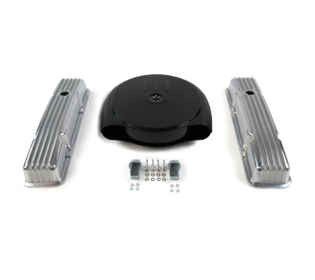 SBC Blk Caddy AC/Short Finned Engine Dress Up kit~Holes No Breathers