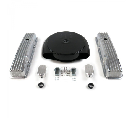 SBC Blk Caddy AC/Short Finned Engine Dress Up kit~w/ Breathers (No PCV)