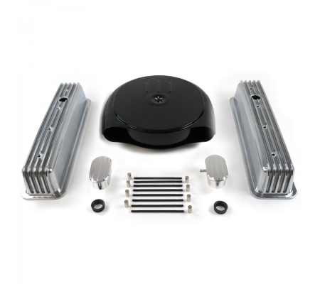 SBC Blk Caddy AC/Tall Center Bolt Finned Engine Dress Up kit~w/ Breathers (PCV)