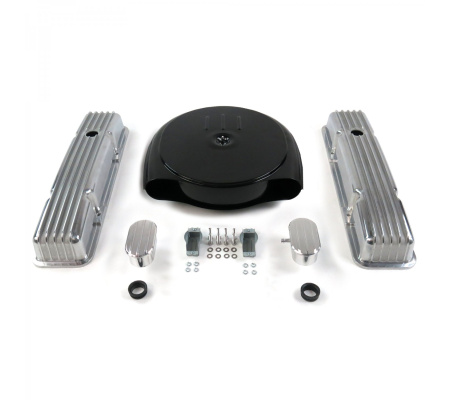 SBC Blk Caddy AC/Short Finned Engine Dress Up kit~w/ Breathers (PCV)