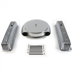 SBC Chr Caddy AC/Tall Center bolt Finned Engine Dress Up kit~Holes No Breathers