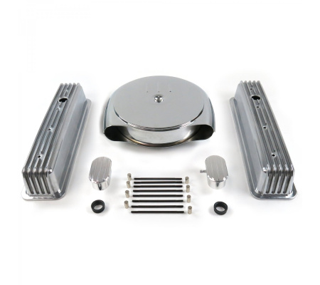 SBC Chr Caddy AC/Tall Center Bolt Finned Engine Dress Up kit~w/ Breathers (PCV)