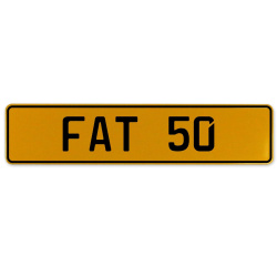 FAT 50  - Yellow Aluminum Street Sign Mancave Euro Plate Name Door Sign Wall